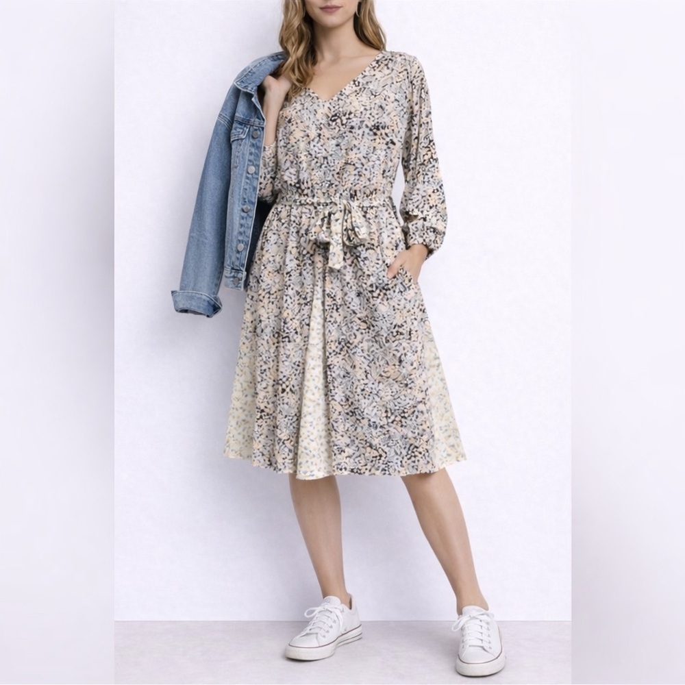 DAVI & DANI Long Sleeve Patterned Dress - Black, Cream, Tan